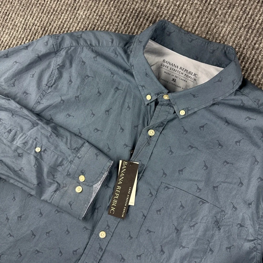 Banana Republic Luxe Stretch Poplin Giraffe Print Shirt Camden Standard Fit XL